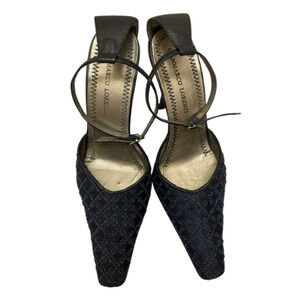 MARCO LORENZI Heels Navy Blue Beaded Made in Italy Sz 38.5 US 8.5